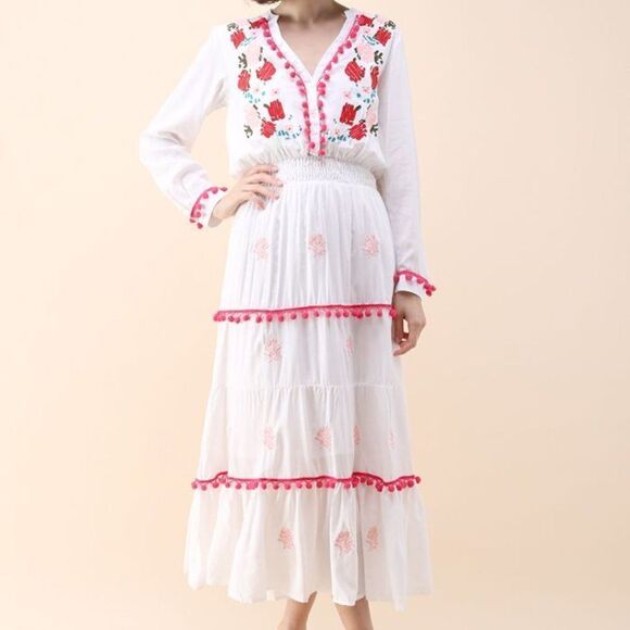Anthropologie Dresses & Skirts - Anthropologie Chantik White Boho Chic Embroidered  Pom Pom Maxi Dress S